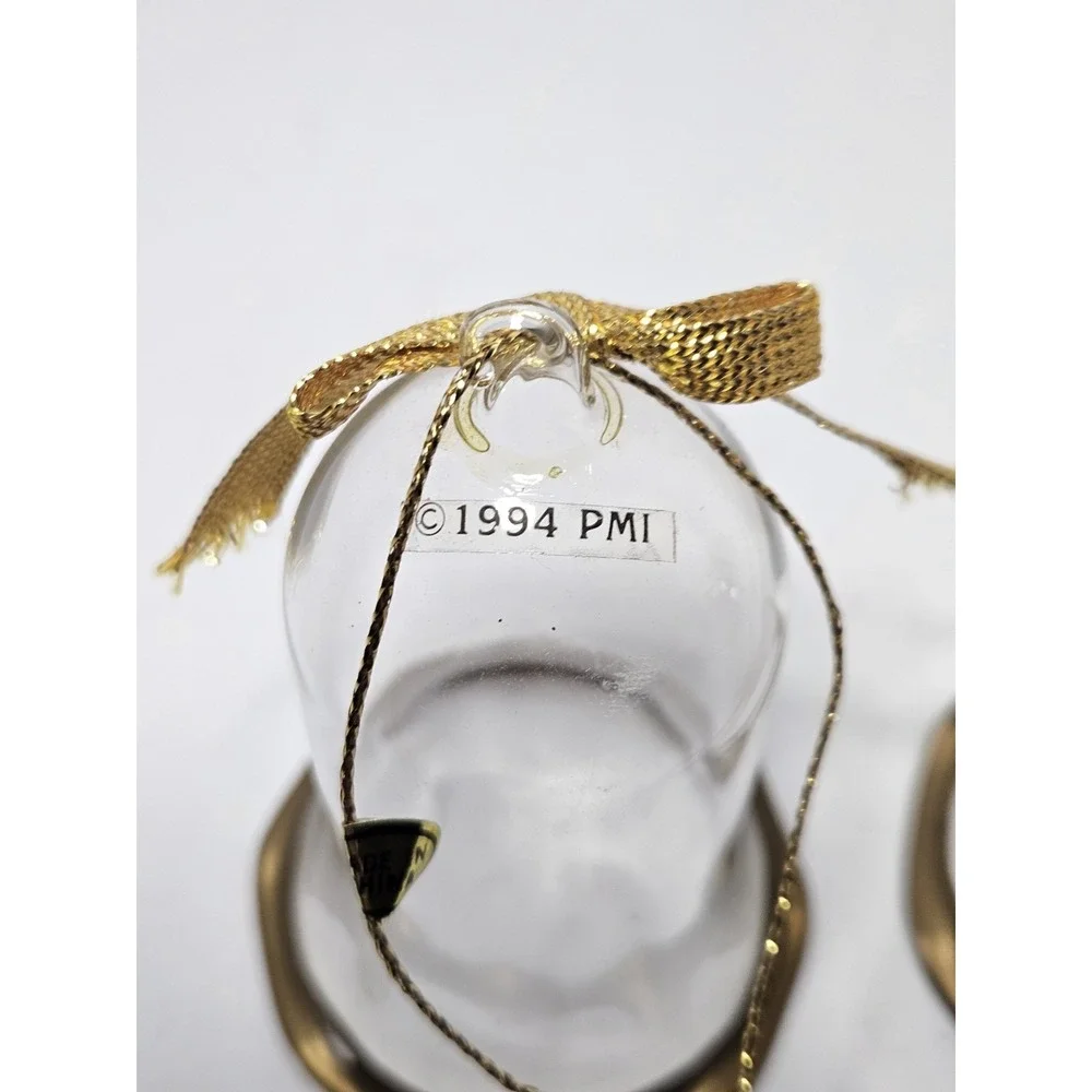 1994 PMI Clear Glass Christmas Bell Ornaments Gold Trim No Clapper Set Of 2 Vtg